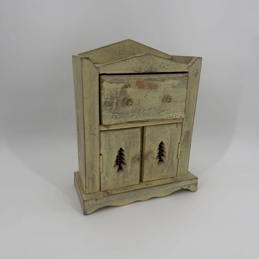Rustic Distressed Wood Tabletop Cabinet Pine Tree Cutouts Farmhouse Mini Hutch